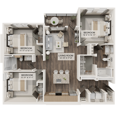 Floor plan for 3 beds, 2 baths, 1259 sqft
